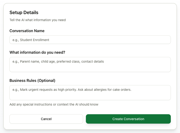 Create your conversation - Setup Details form