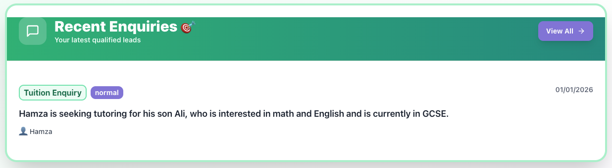 Get qualified enquiries - Recent enquiries dashboard